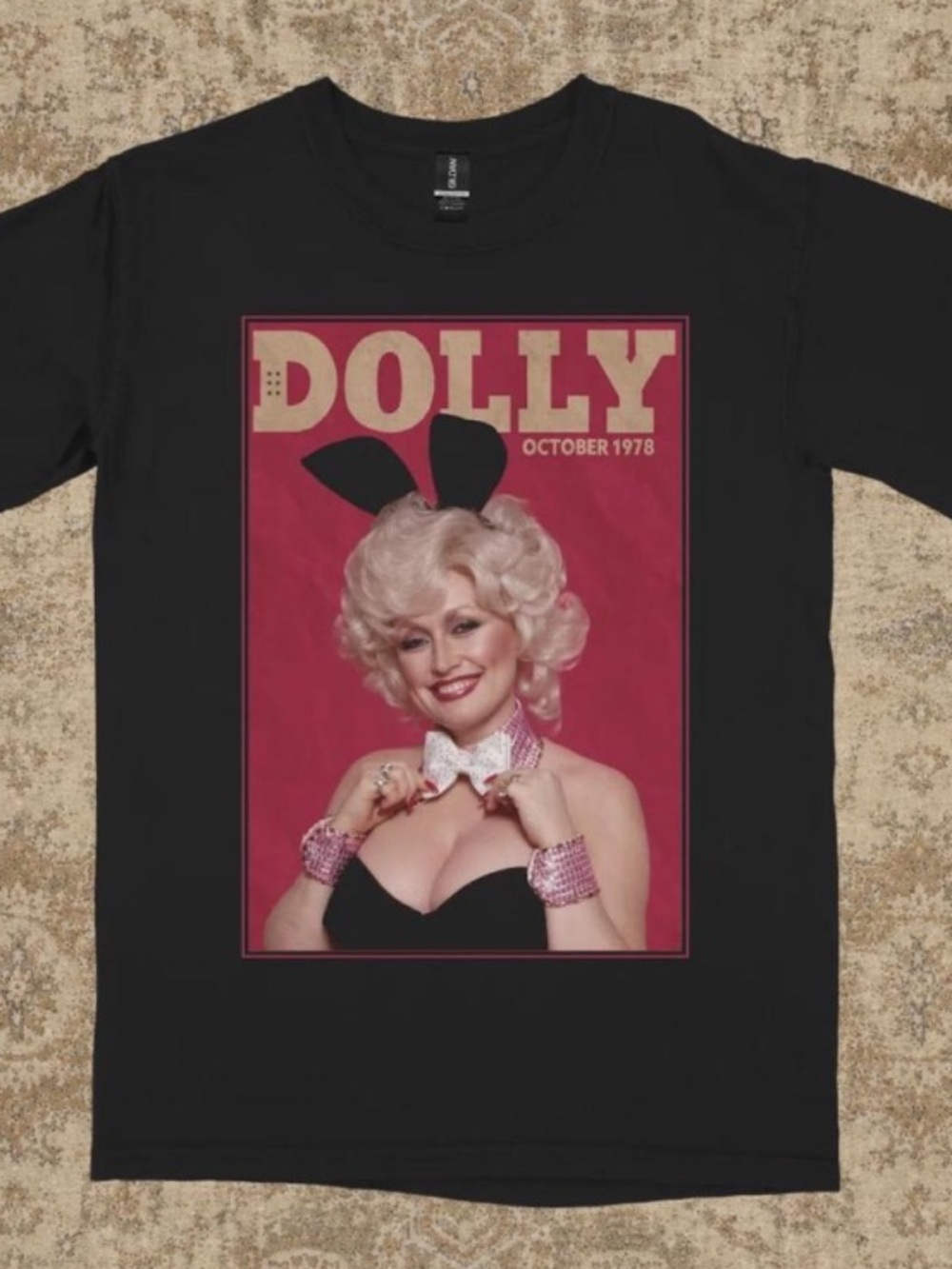 Gildan Black Tee with Pink Dolly Magazine Cover Graphic